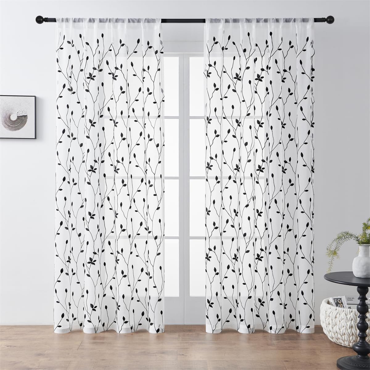 Embroidered Leaf Pattern Sheer Curtains - 2 Panels Semi-Sheer Set with Rod Pocket for Living Room & Bedroom