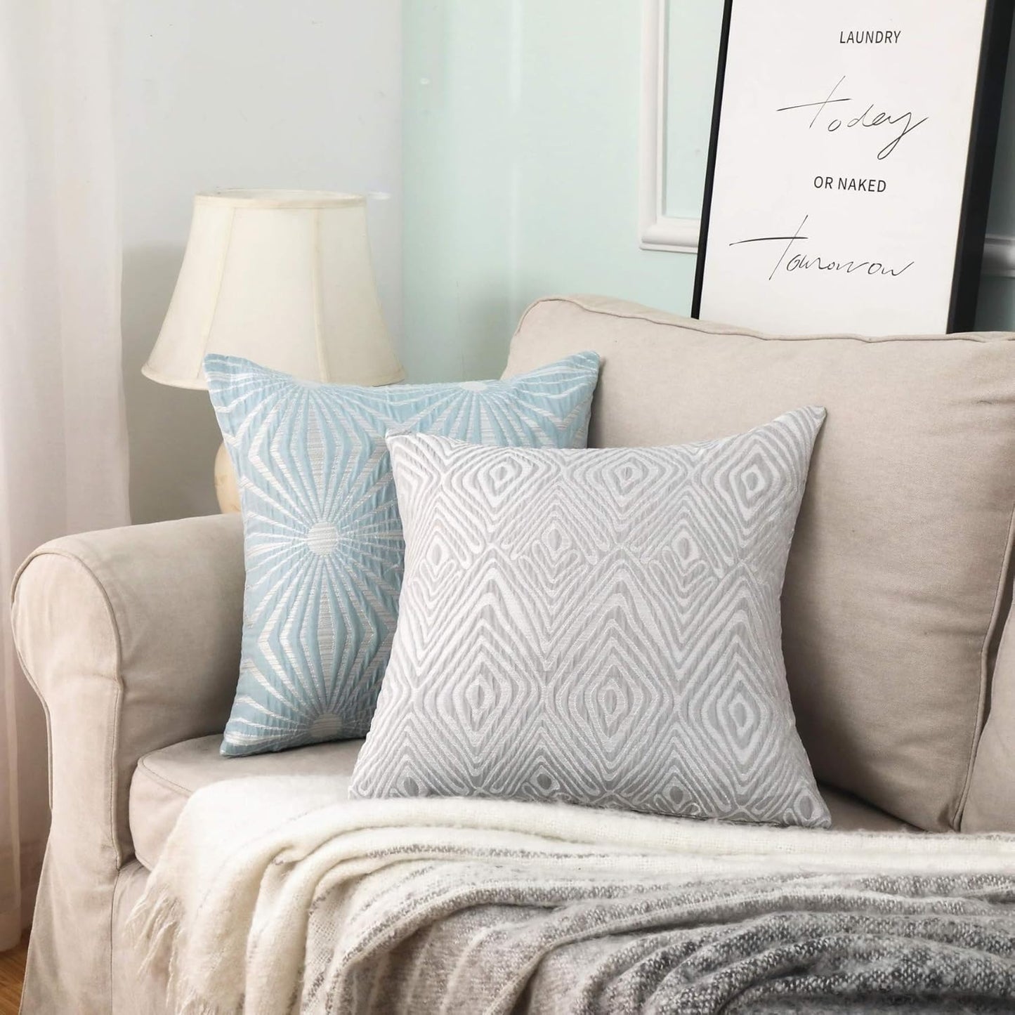 2 Pack Decorative Throw Pillows with Geometric Jacquard Pattern, 18x18 Inches