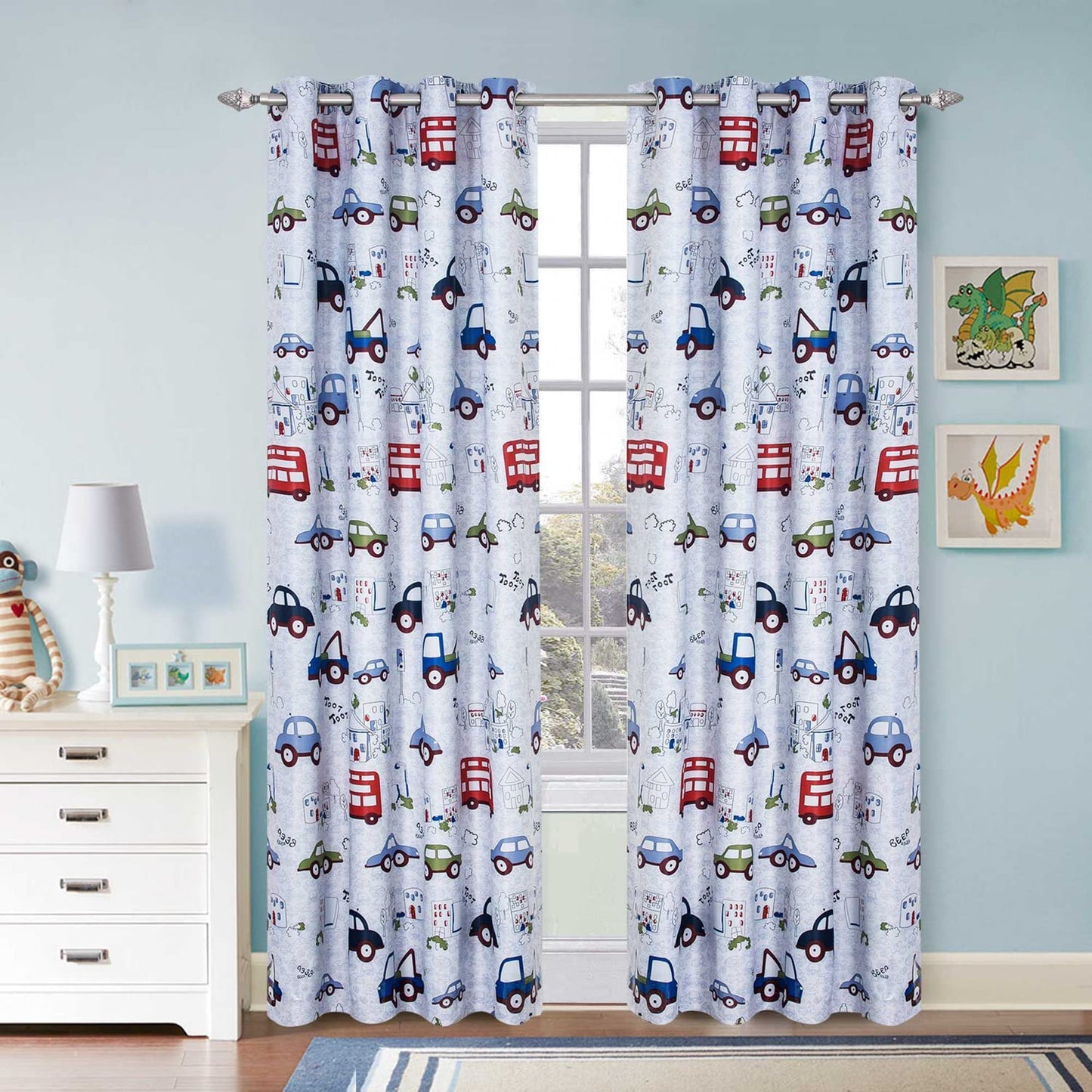 Cartoon Car and Bus Room Darkening Curtain Grommet Top Thermal Insulated Kids Curtains-2 Panels