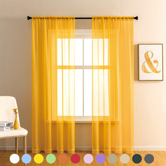 Rod Pocket Solid Sheer Voile Curtain, Sunlight Filtering Protect Privacy Sheer for Bedroom Patio Door Set of 2 Panels