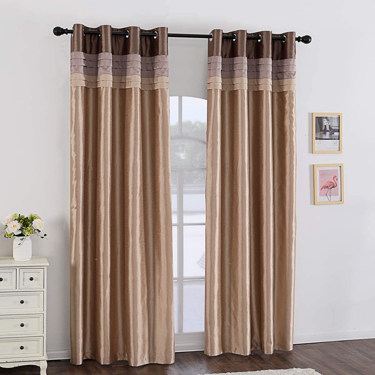 Blackout Curtains for Bedroom Stitching Luxury Faux Silk Curtain with Darkening Liner