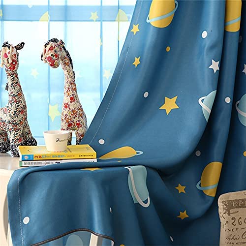 Children Kids Blue Planet Printing Room Darkening Curtain Grommet Top 2 Panels