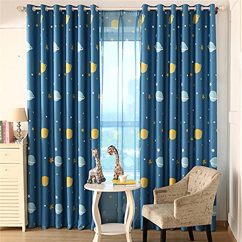 Children Kids Blue Planet Printing Room Darkening Curtain Grommet Top 2 Panels