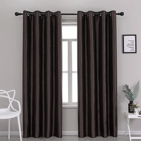 Coffee Faux Silk Blackout Curtains,Fully Lined Solid Color Window Treatment Drapes