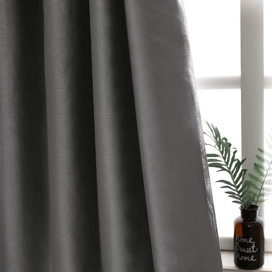 Grey Faux Silk Blackout Curtains,Fully Lined Solid Color Window Treatment Drapes