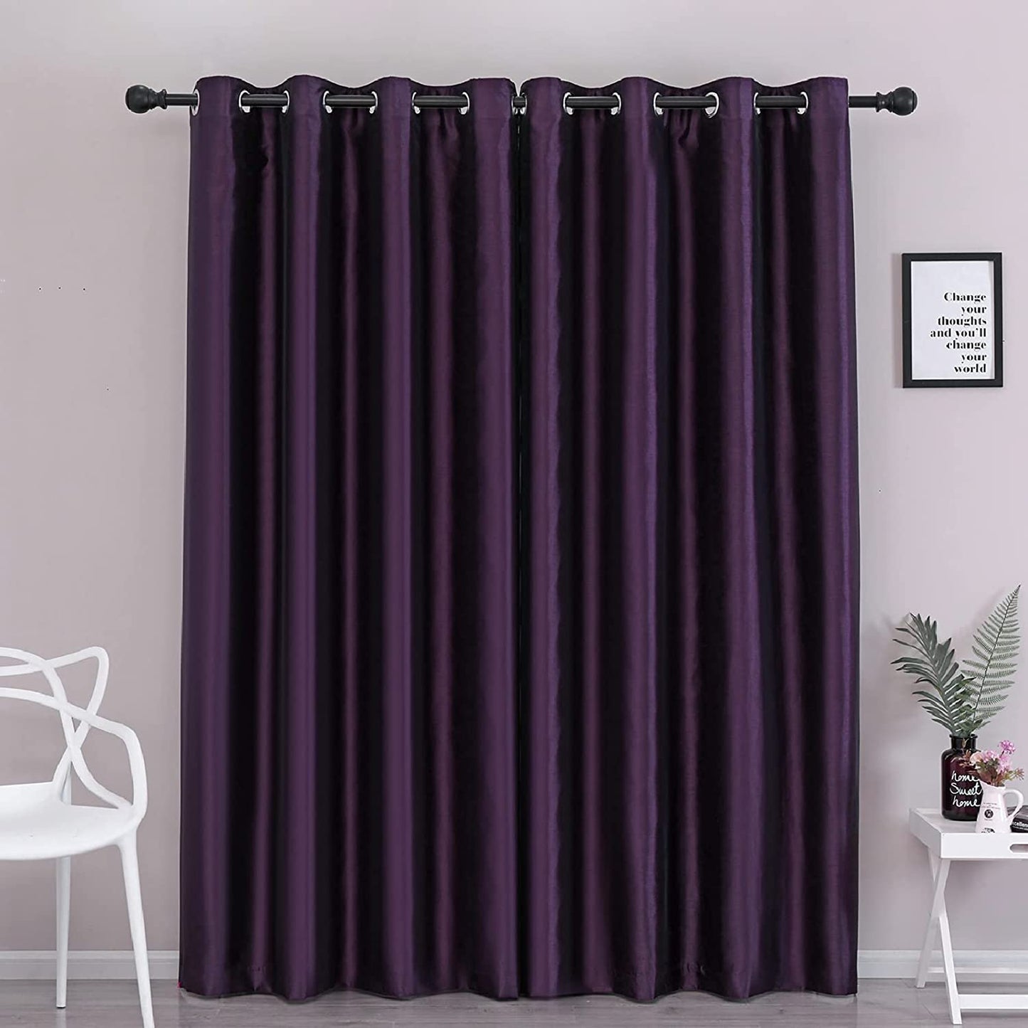 Purple Faux Silk Blackout Curtains,Fully Lined Solid Color Window Treatment Drapes