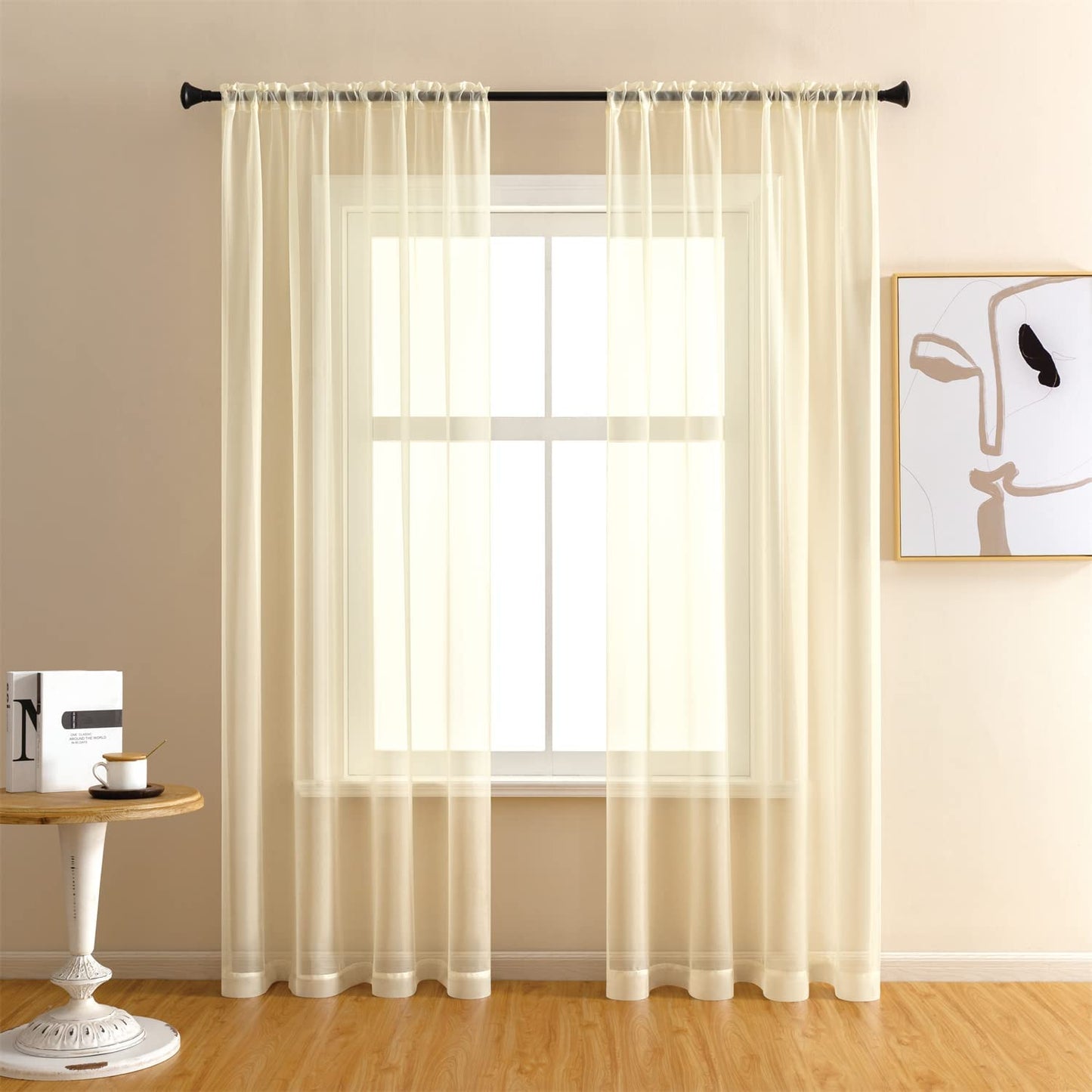 Rod Pocket Solid Sheer Voile Curtain, Sunlight Filtering Protect Privacy Sheer for Bedroom Patio Door Set of 2 Panels