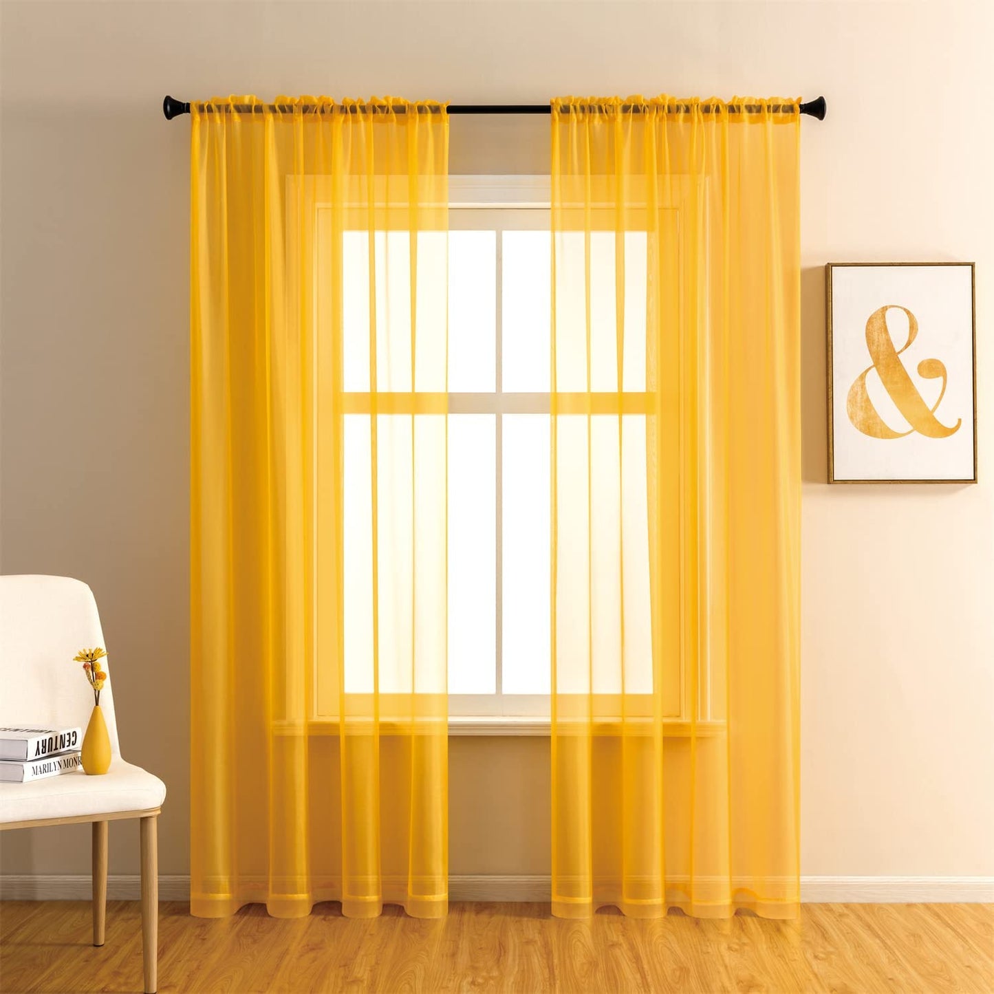 Rod Pocket Solid Sheer Voile Curtain, Sunlight Filtering Protect Privacy Sheer for Bedroom Patio Door Set of 2 Panels