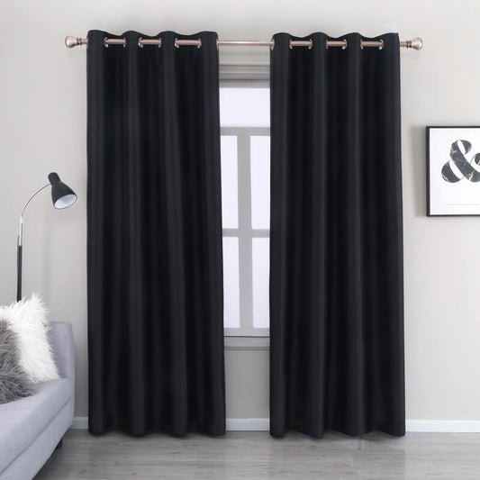 Black Faux Silk Blackout Curtains,Fully Lined Solid Color Window Treatment Drapes