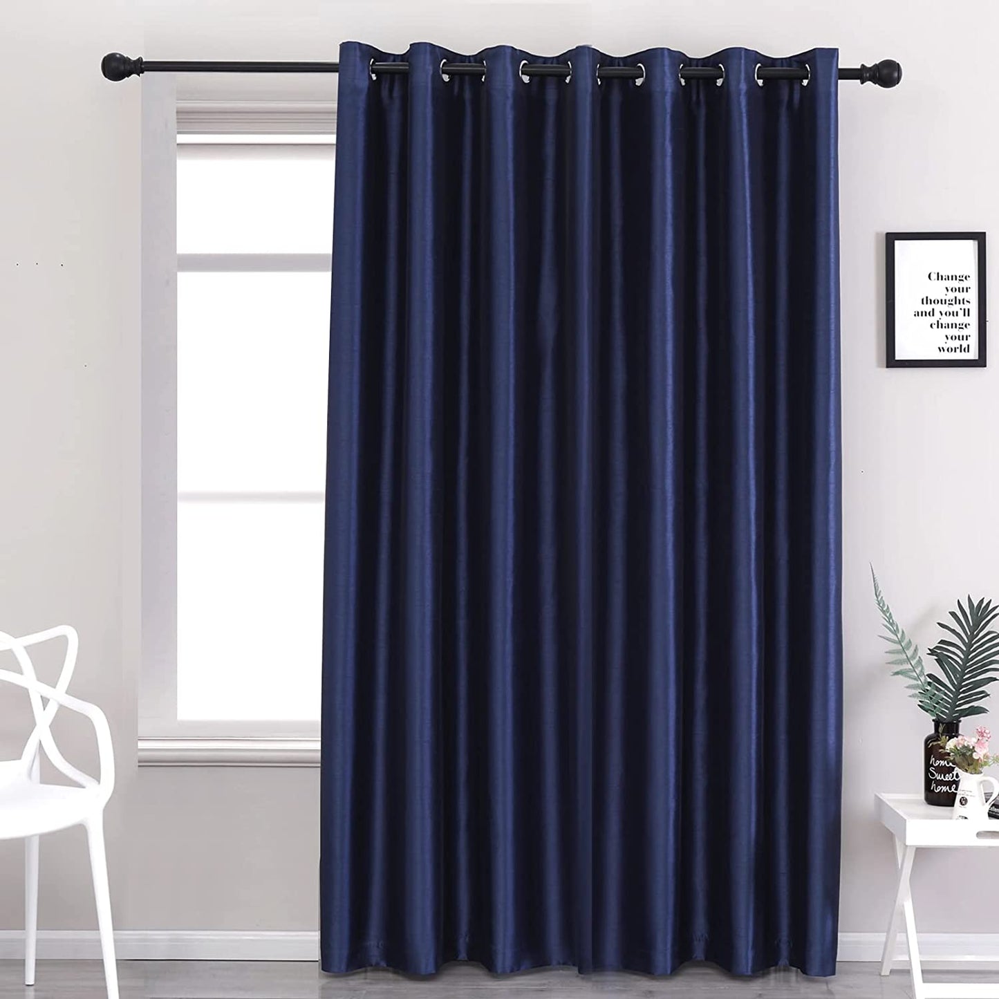 Navy Faux Silk Blackout Curtains,Fully Lined Solid Color Window Treatment Drapes