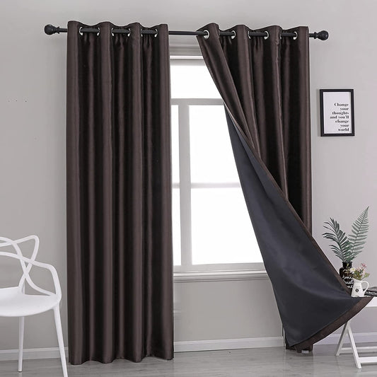 Coffee Faux Silk Blackout Curtains,Fully Lined Solid Color Window Treatment Drapes