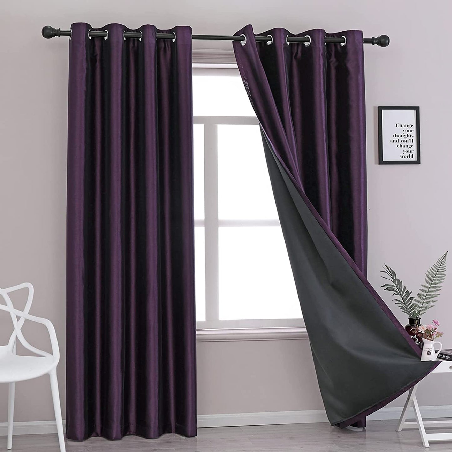 Purple Faux Silk Blackout Curtains,Fully Lined Solid Color Window Treatment Drapes