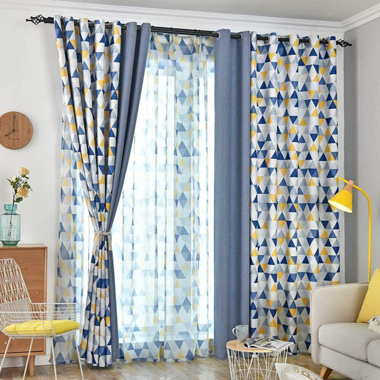 Blue pentagonal triangle curtains or match sheer,double panels