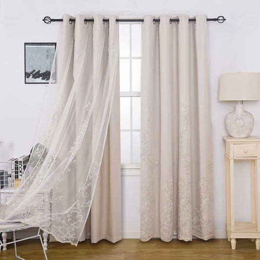 Double Layer Curtains With Embroiered Sheer Voile Room Darkening Grommet Top Drapes for Girls