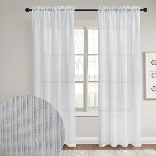 White Stripe Sheer Voile Window Curtain Sunlight Filtering Rod Pocket 1 Panel