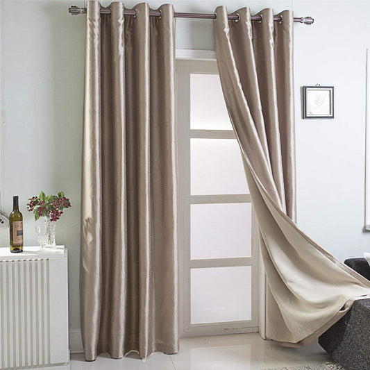 Gold Brown Faux Silk Room-Darkening Blackout Curtains with Beige Liner(Sold By Pair)