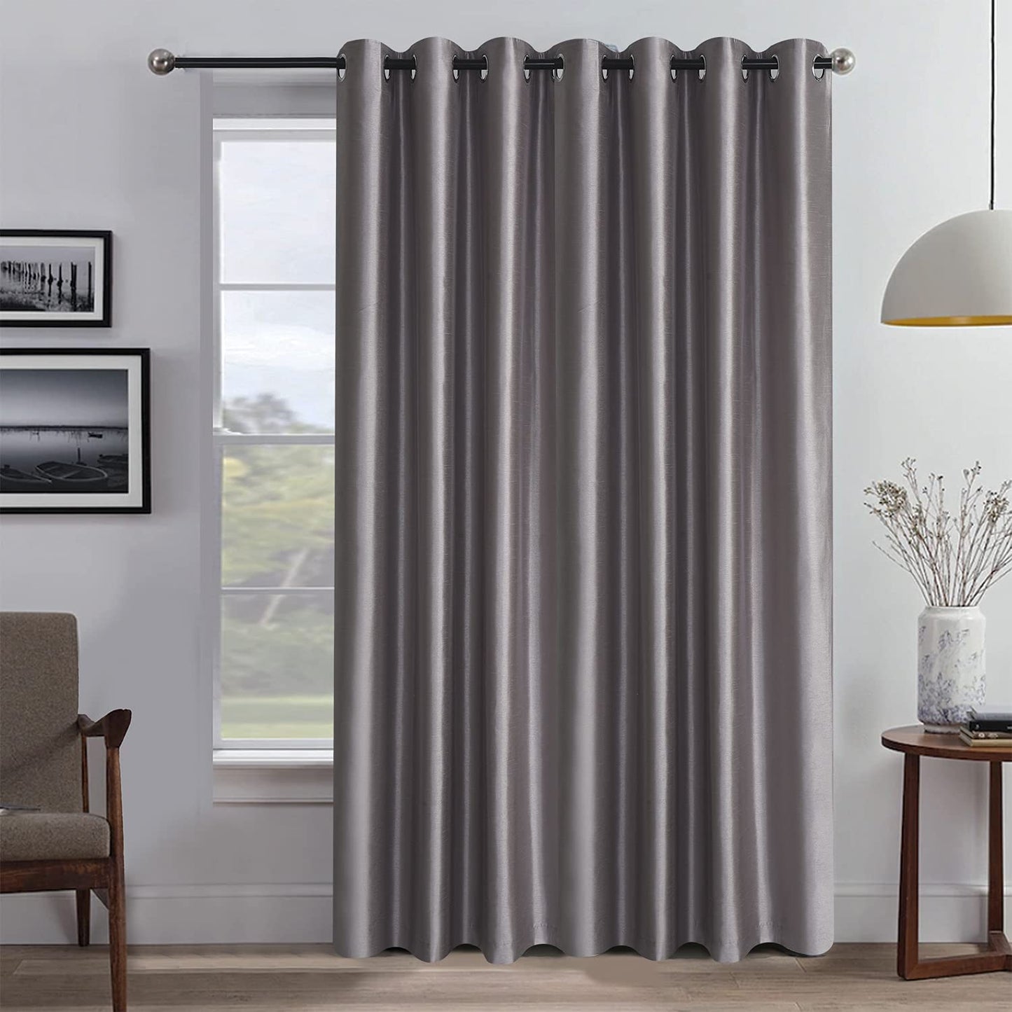 Faux Silk Extra Wide Blackout Curtains,Fully Beige Lined Solid Color Window Treatment Drapes For Patio Door,1 Panel