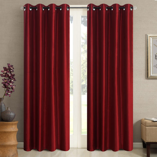 Christmas Red Faux Silk Room-Darkening Blackout Curtains with Beige Liner(Sold By Pair)