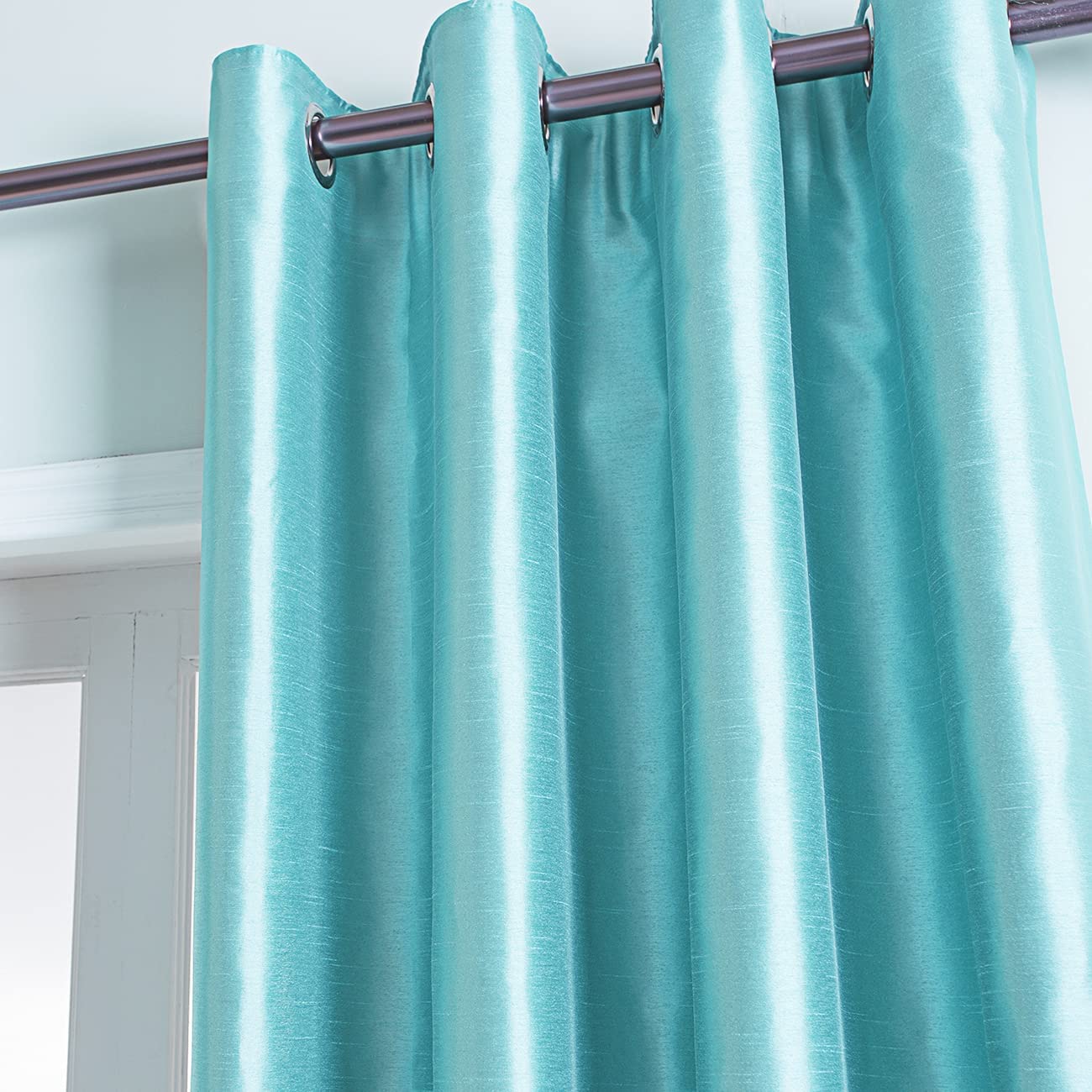 Aqua Blue Faux Silk Room-Darkening Blackout Curtains with Beige Liner(Sold By Pair)