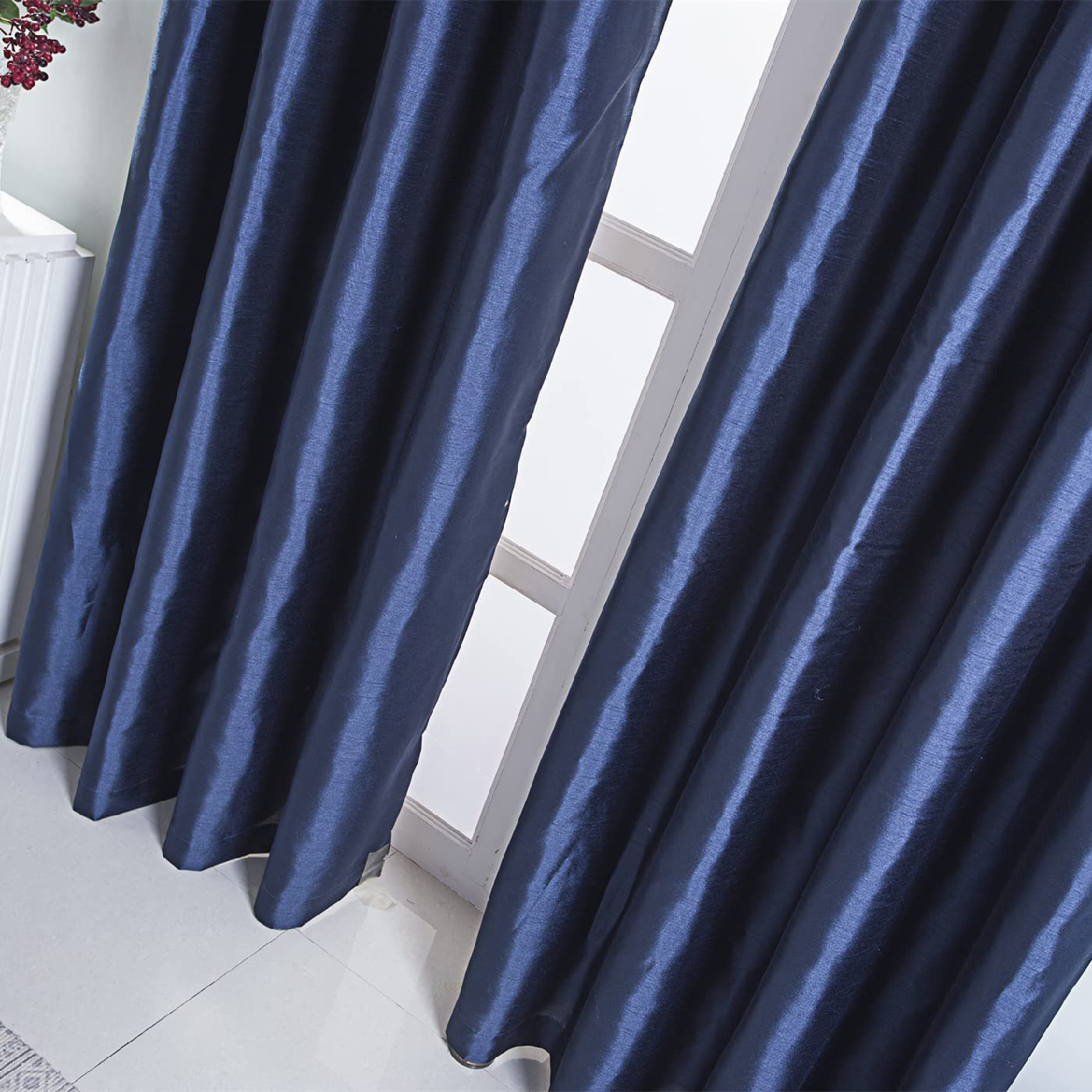 Navy Faux Silk Blackout Curtains,Fully Lined Solid Color Window Treatment Drapes