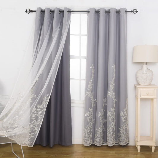 Double Layer Curtains With Embroiered Sheer Voile Room Darkening Grommet Top Drapes for Girls