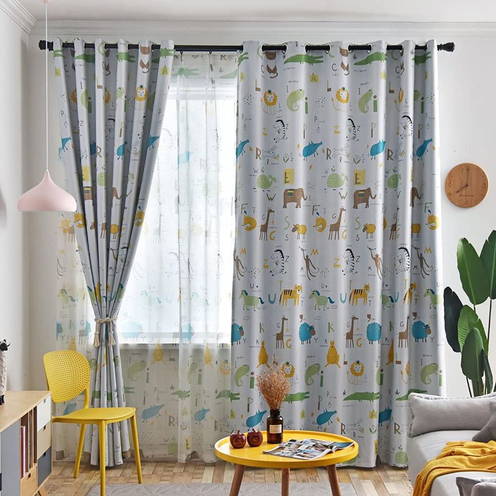 Kids Animal Print Room Darkening Curtain Grommet Top Thermal Insulated-2 Panels