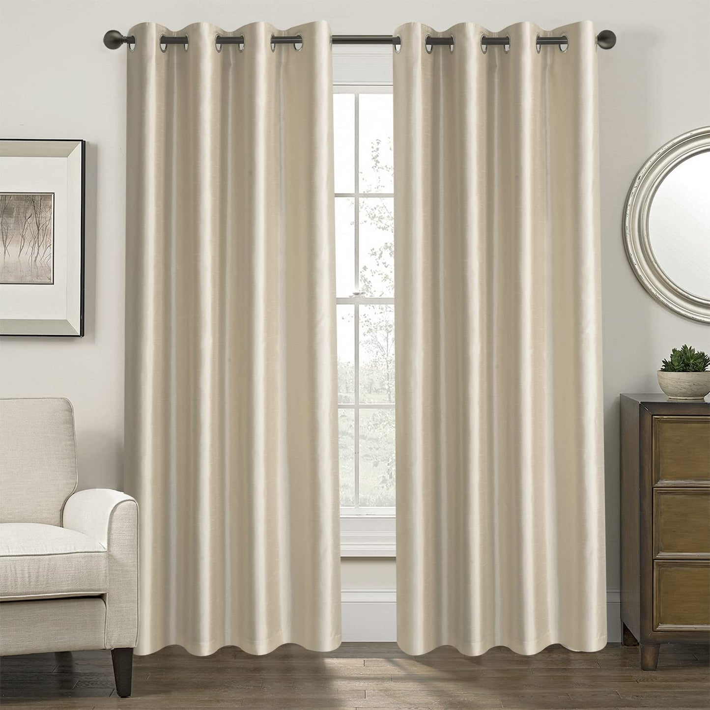 Faux Silk Extra Wide Blackout Curtains,Fully Beige Lined Solid Color Window Treatment Drapes For Patio Door,1 Panel