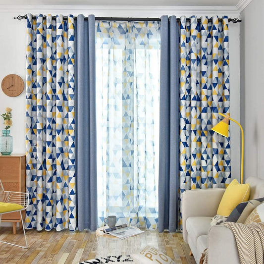 Blue pentagonal triangle curtains or match sheer,double panels