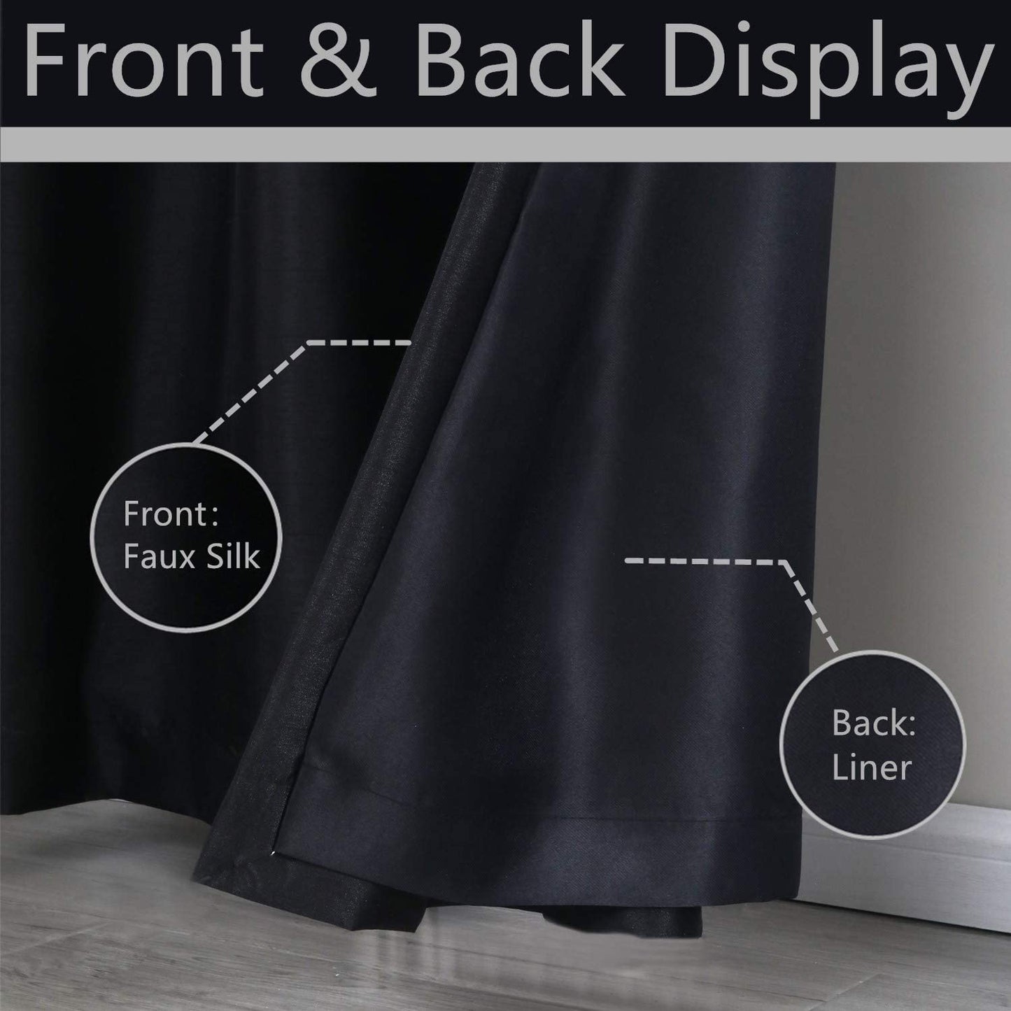 Black Faux Silk Blackout Curtains,Fully Lined Solid Color Window Treatment Drapes
