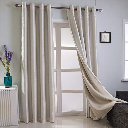 Beige Faux Silk Room-Darkening Blackout Curtains with Beige Liner(Sold By Pair)