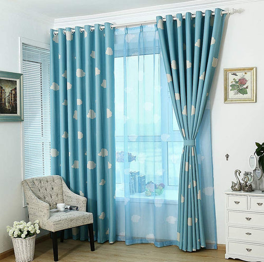 Cute Cloud Pattern Curtain Thermal Insulated Room Darkening Grommet Top,Set of 2