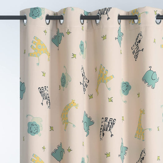 Kids Animal Zoo Print Room Darkening Curtain Grommet Top-2 Panels