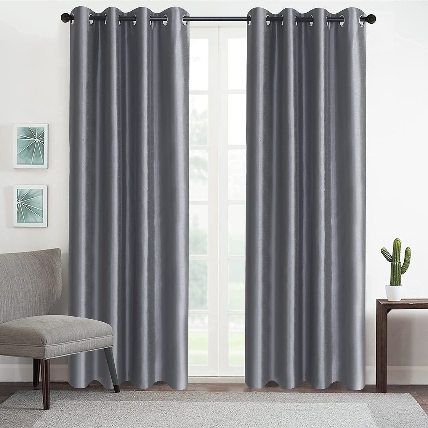 Sliver Grey Faux Silk Room-Darkening Blackout Curtains with Beige Liner(Sold By Pair)