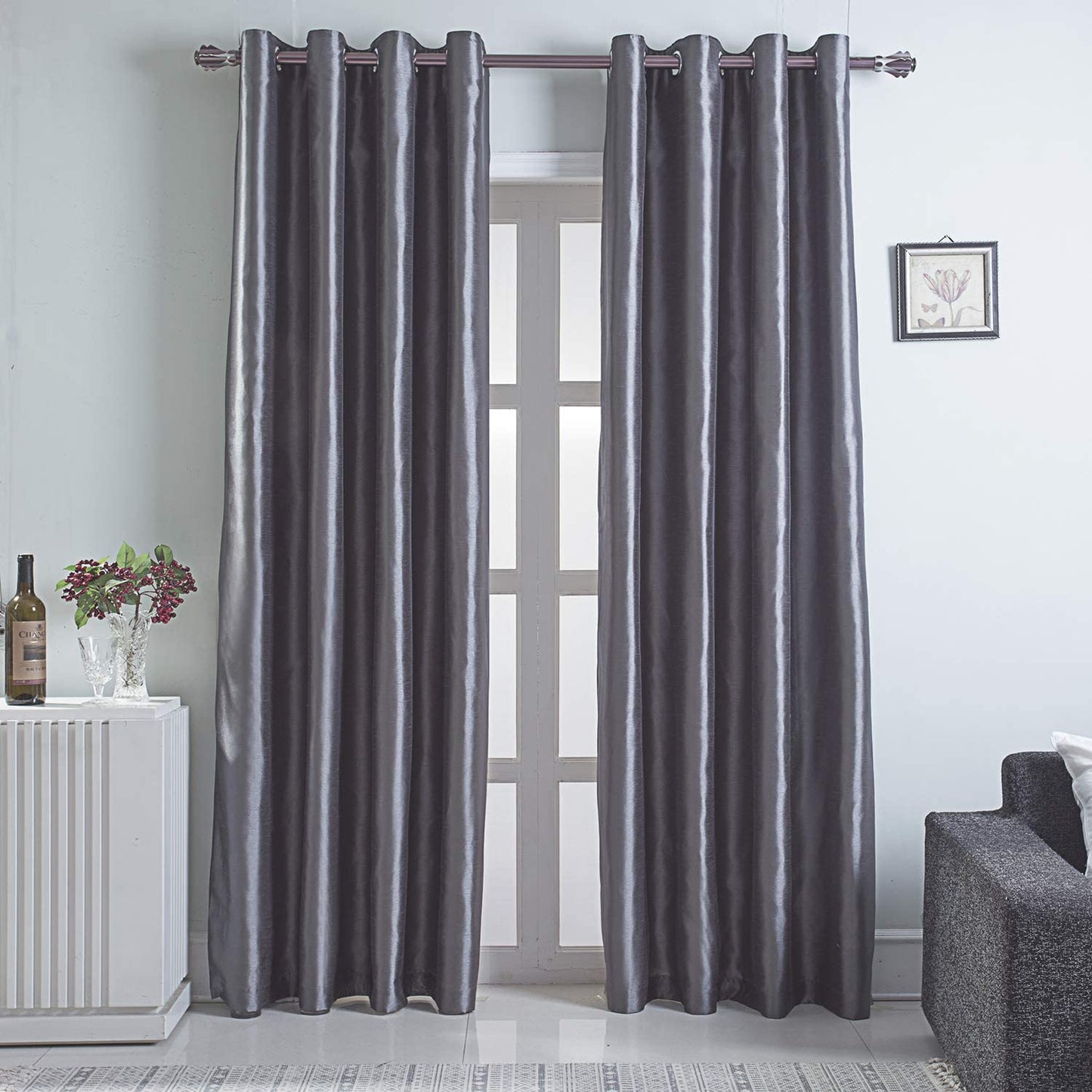 Grey Faux Silk Blackout Curtains,Fully Lined Solid Color Window Treatment Drapes