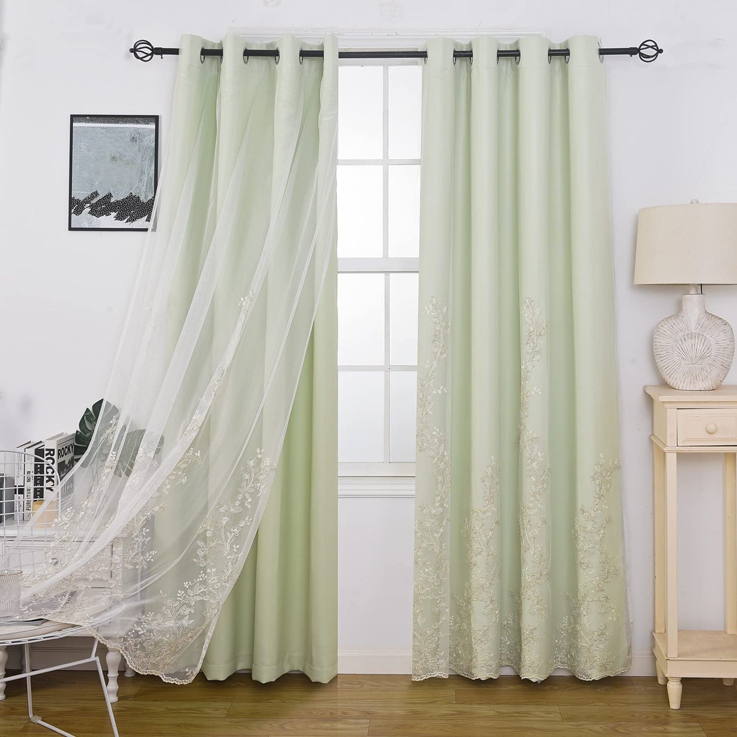 Double Layer Curtains With Embroiered Sheer Voile Room Darkening Grommet Top Drapes for Girls