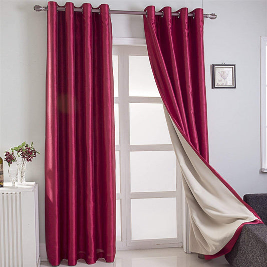 Burgundy Faux Silk Room-Darkening Blackout Curtains with Beige Liner(Sold By Pair)
