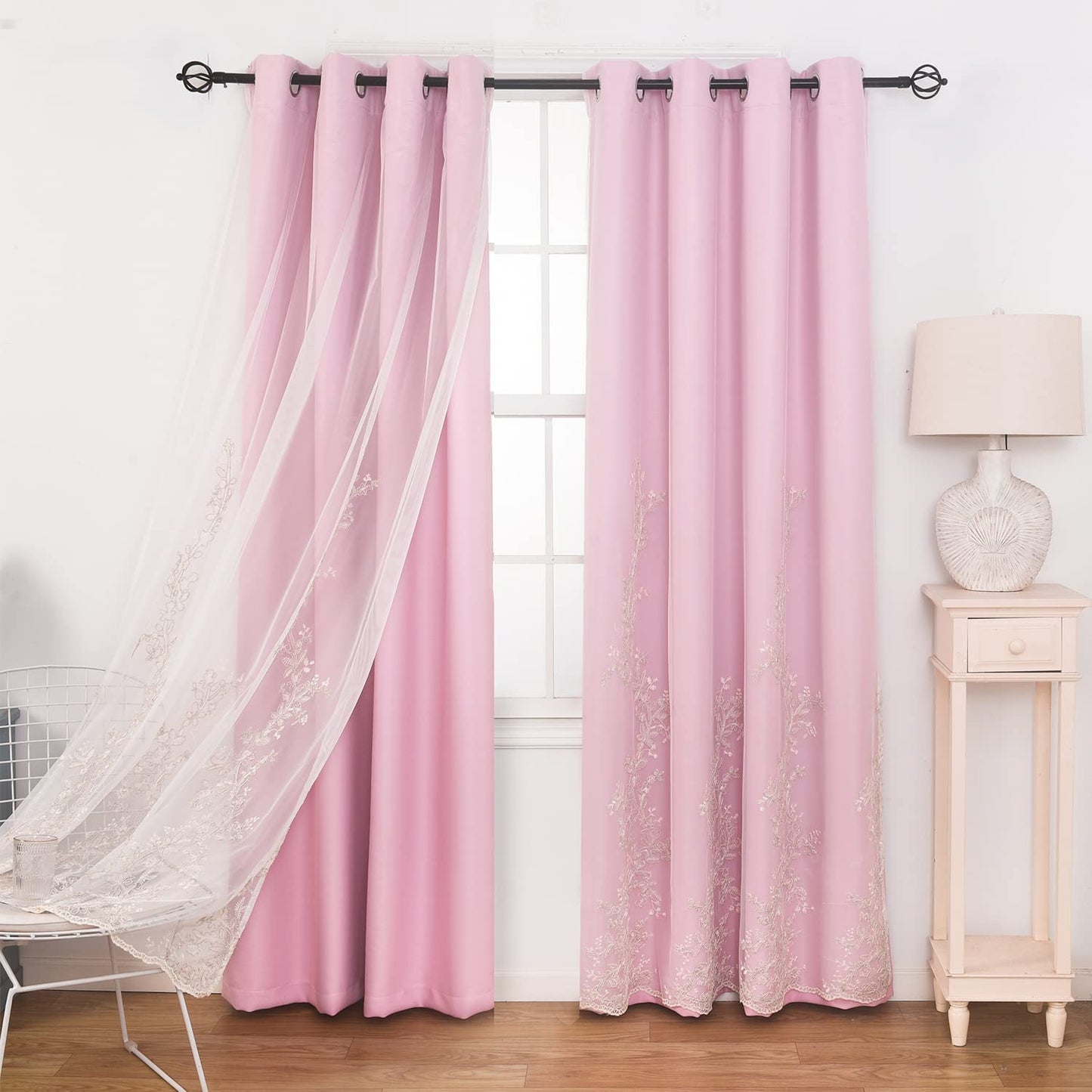 Double Layer Curtains With Embroiered Sheer Voile Room Darkening Grommet Top Drapes for Girls