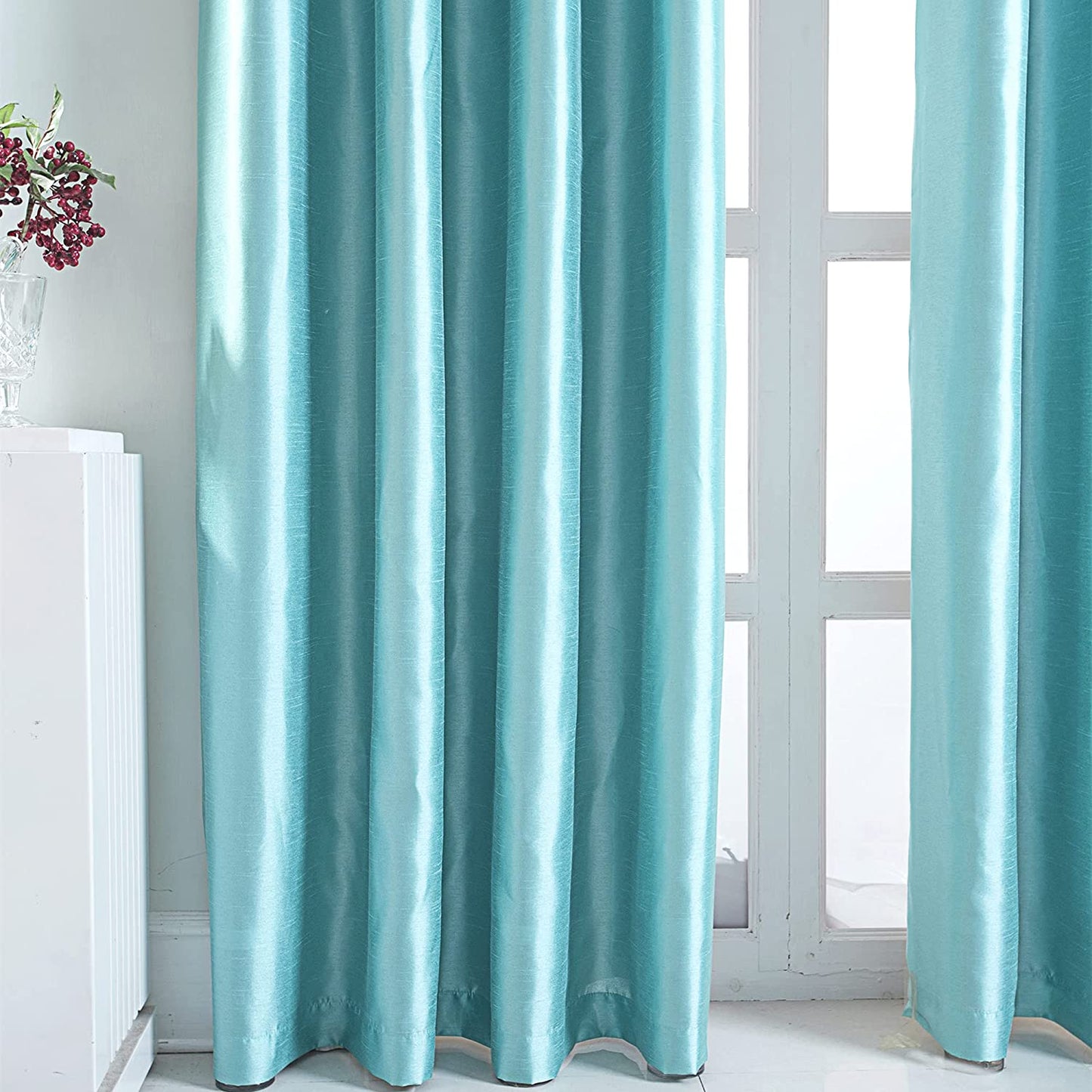 Aqua Blue Faux Silk Room-Darkening Blackout Curtains with Beige Liner(Sold By Pair)