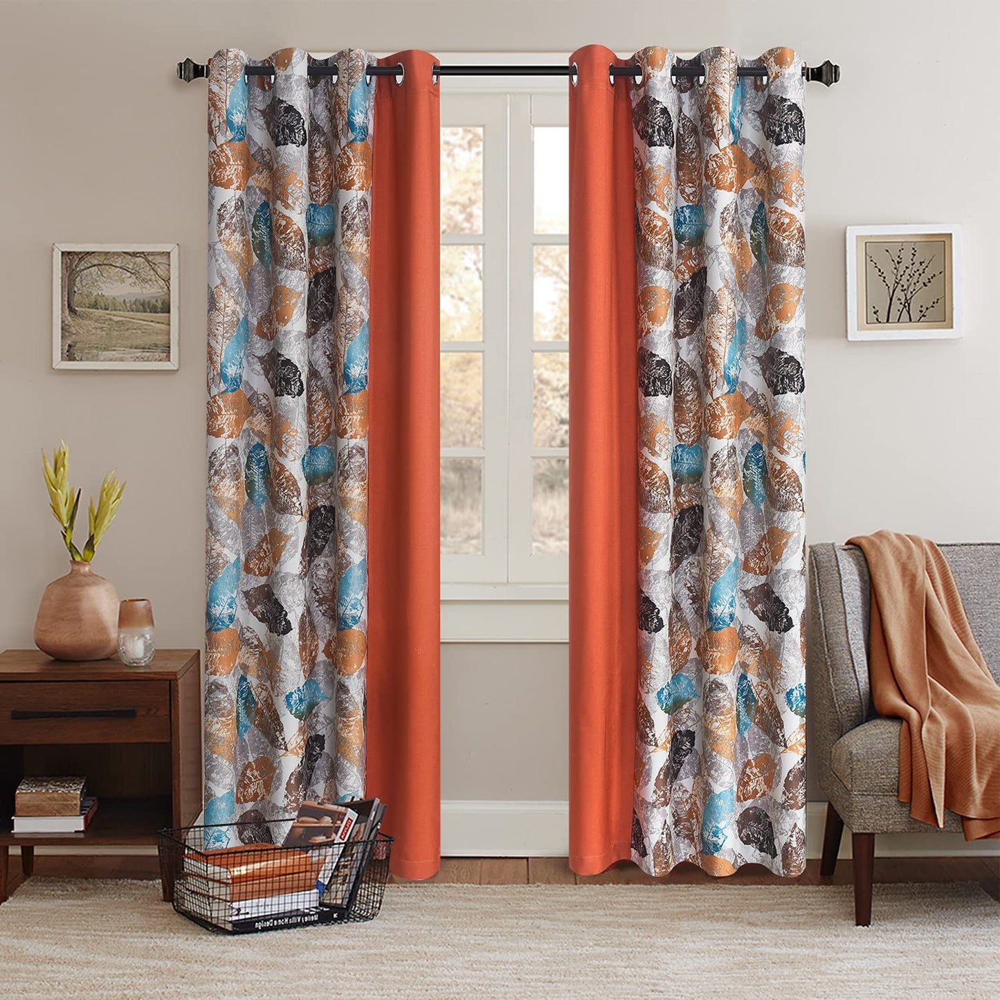 Mix and Match Curtain Floral Window Drapes Sitiching Patio for Livingroom Darkening Grommet Top 2 Panels Leaf Printing