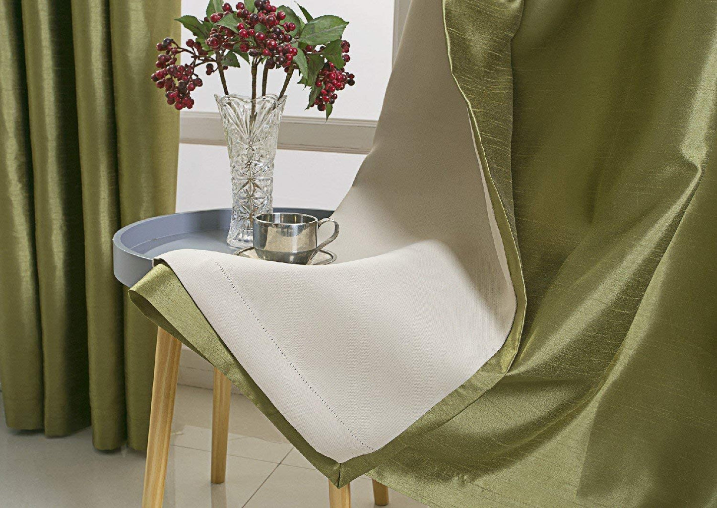 Green Faux Silk Room-Darkening Blackout Curtains with Beige Liner(Sold By Pair)