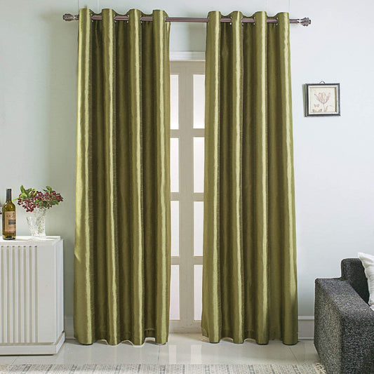 Green Faux Silk Room-Darkening Blackout Curtains with Beige Liner(Sold By Pair)