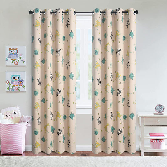 Kids Animal Zoo Print Room Darkening Curtain Grommet Top-2 Panels