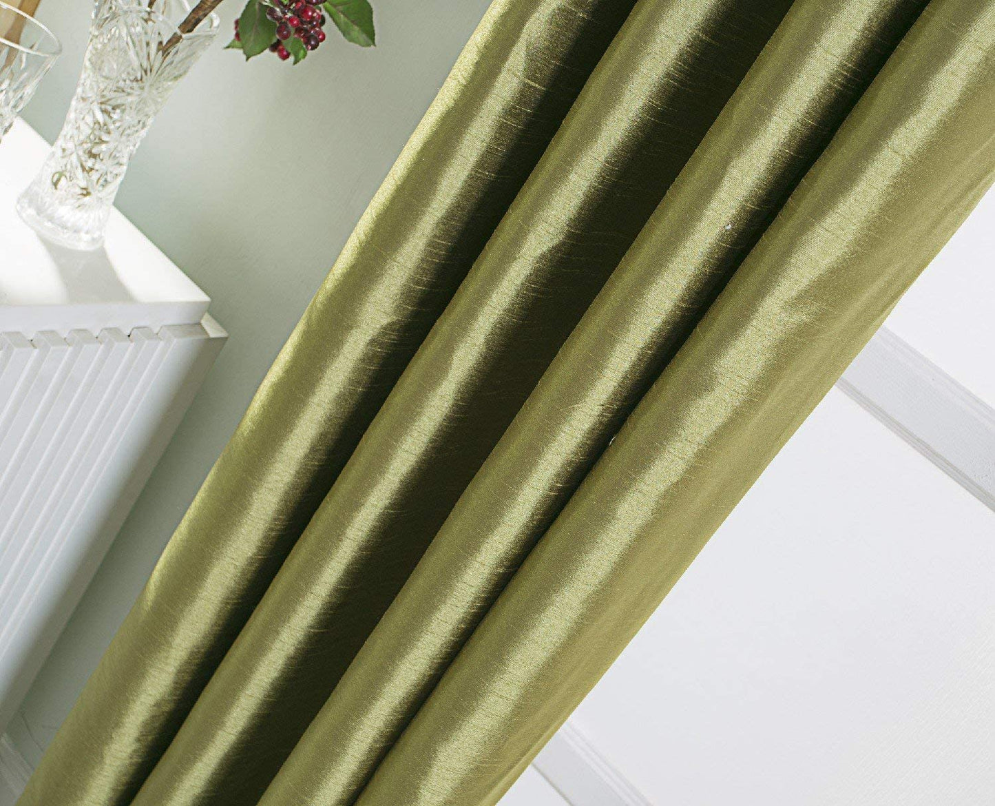 Green Faux Silk Room-Darkening Blackout Curtains with Beige Liner(Sold By Pair)