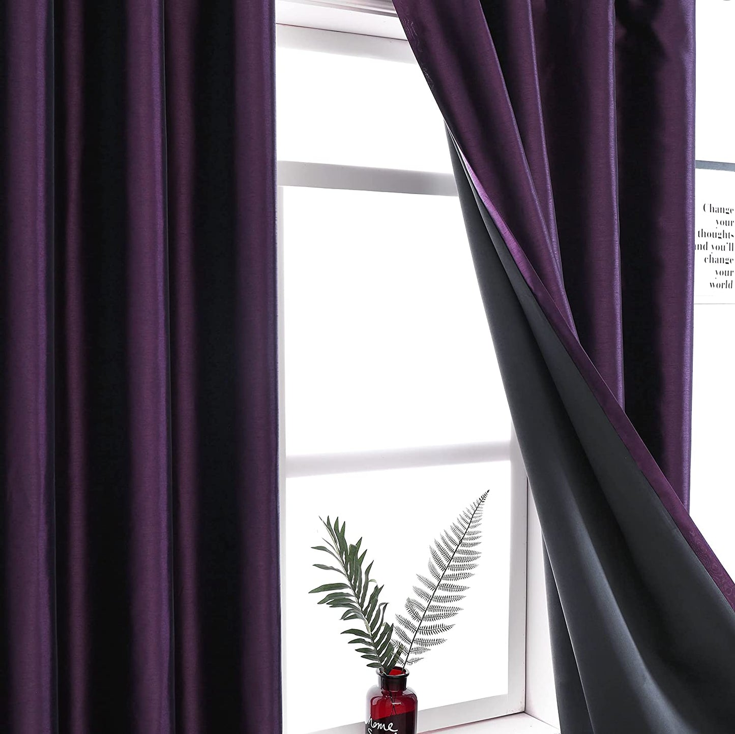 Purple Faux Silk Blackout Curtains,Fully Lined Solid Color Window Treatment Drapes