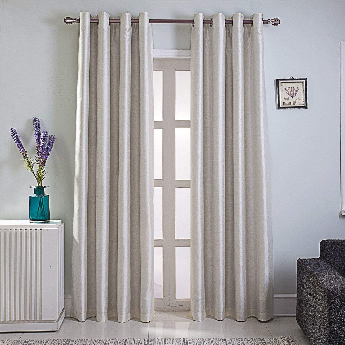 Beige Faux Silk Room-Darkening Blackout Curtains with Beige Liner(Sold By Pair)