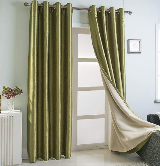 Green Faux Silk Room-Darkening Blackout Curtains with Beige Liner(Sold By Pair)