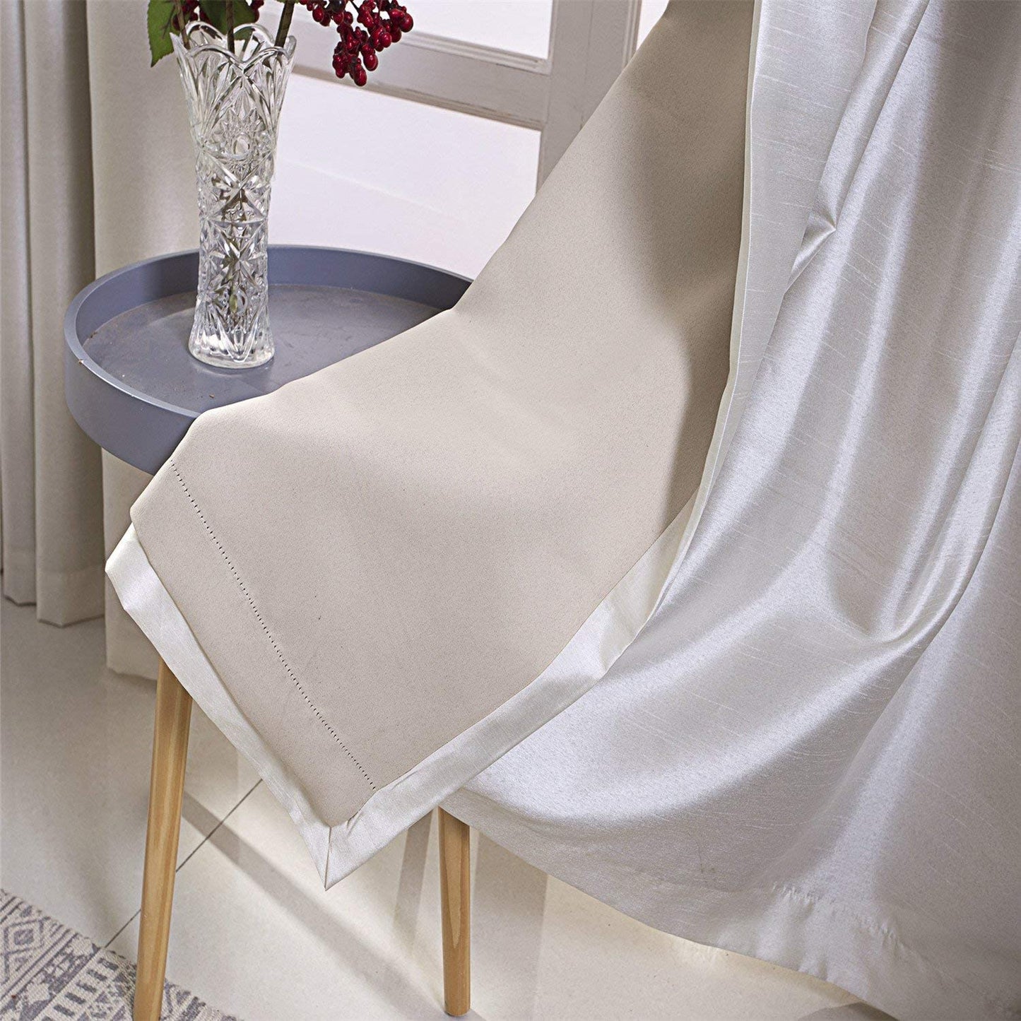 Beige Faux Silk Room-Darkening Blackout Curtains with Beige Liner(Sold By Pair)