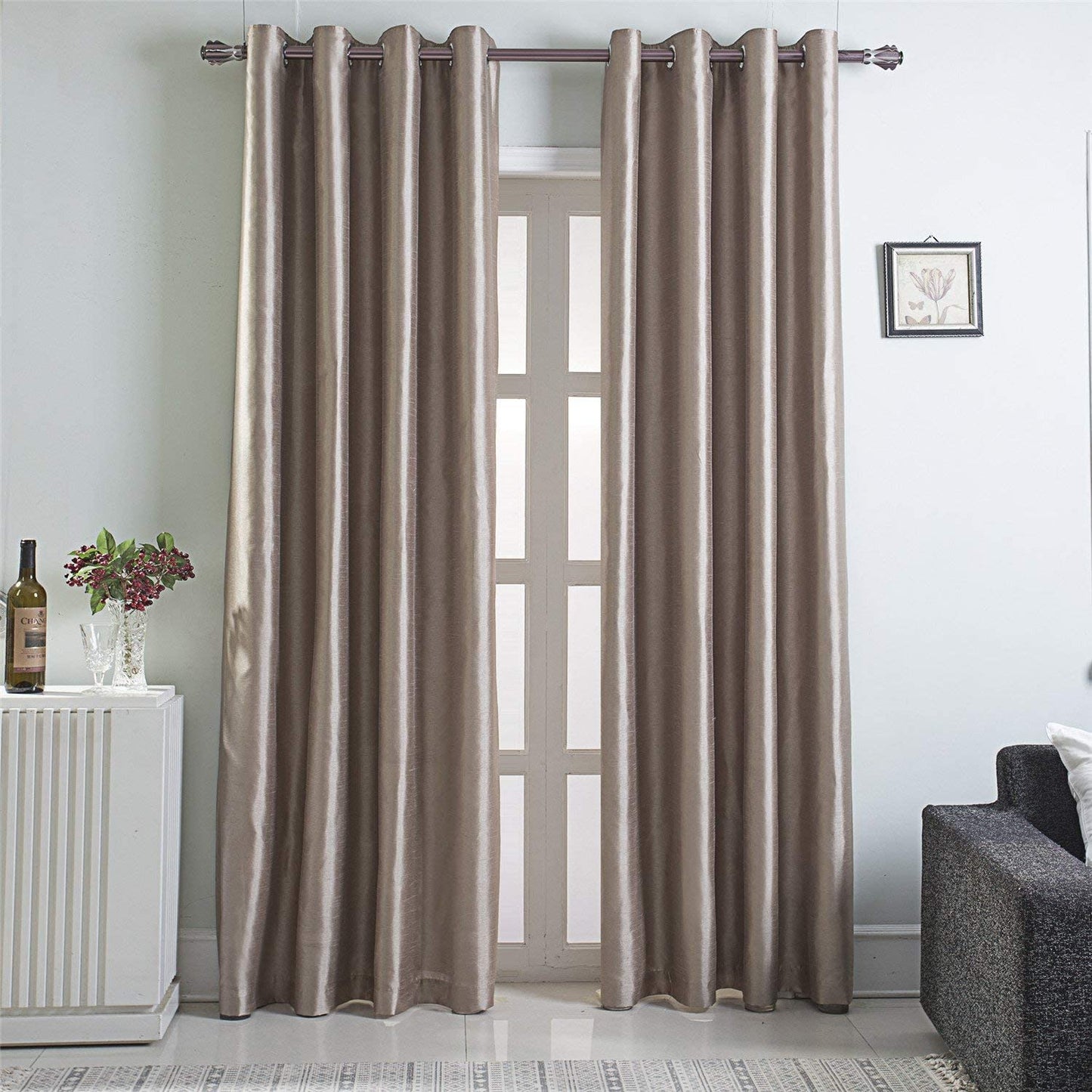 Gold Brown Faux Silk Room-Darkening Blackout Curtains with Beige Liner(Sold By Pair)