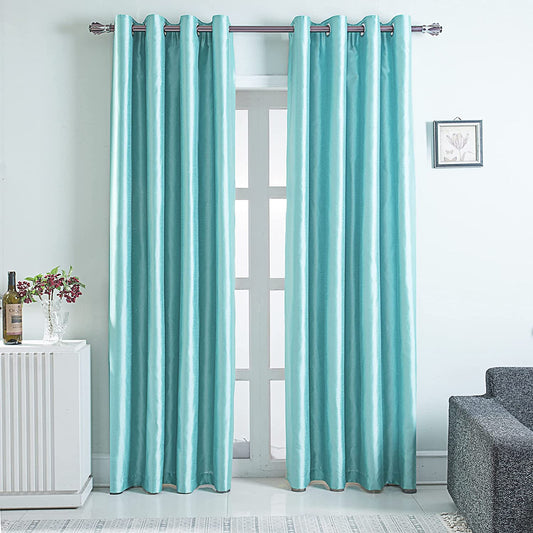 Aqua Blue Faux Silk Room-Darkening Blackout Curtains with Beige Liner(Sold By Pair)