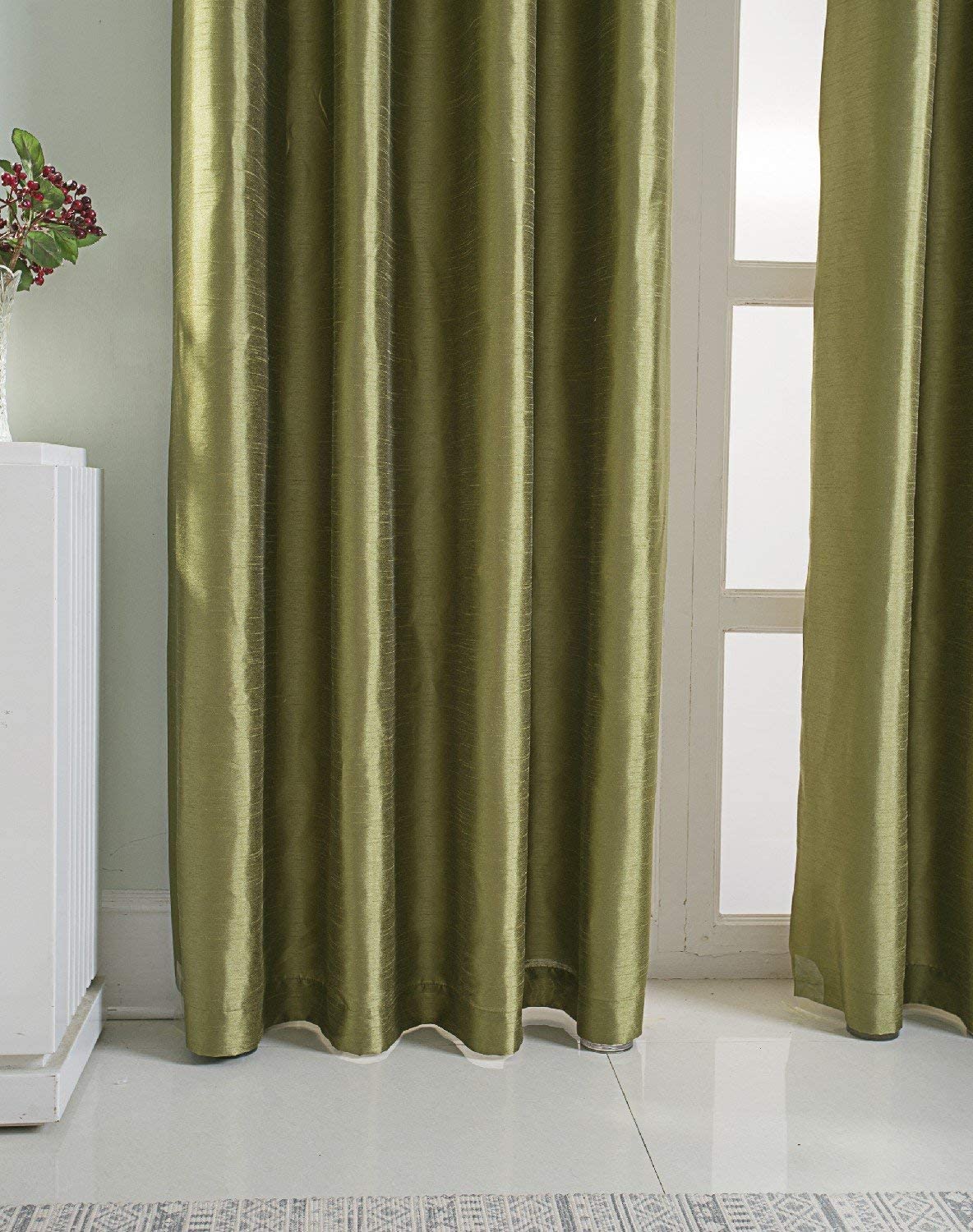 Green Faux Silk Room-Darkening Blackout Curtains with Beige Liner(Sold By Pair)